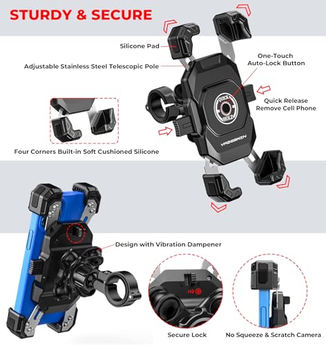 VAZESWIN Motorcycle Phone Mount with Vibration Dampener, 1s Lock Bike Phone Holder with Aluminum Alloy Handlebar Mounting Base, One-Handed Operation Motorcycle Cellphone Mount for 5.5"-7.2" Smartphone