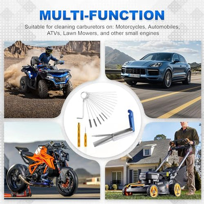 Premium Carburetor Cleaning Kit, Stainless Steel Torch Tip Cleaner with 13 Wires, 10 Needles, 5 Nylon Brushes, 3 Large Brushes, Pick & Wrench Set for Motorcycle ATV Lawn Mower Small Engine