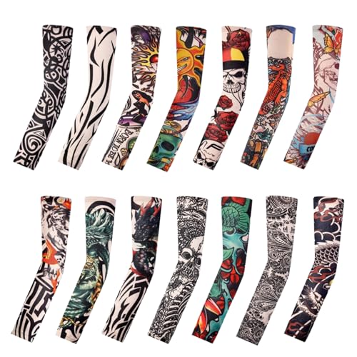 Tattoo Sleeves for Men Women Sun Protection UV Compression Arm Sleeves Breathable Skin Cover for Outdoor Sports - color: 019-14pc