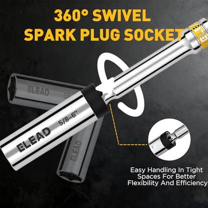 ELEAD 5/8" Swivel Magnetic Spark Plug Socket, 3/8" Drive x 6" Total Length, Thin Wall Spark Plug Removal Tool, 360 Degree Swivel, Enhanced Magnetic, 6-Point Design, Cr-V Steel - size: 5/8" x 6"