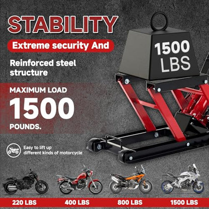 1500 LBS Hydraulic Motorcycle Lift Jack, Heavy Duty Steel ATV Lift Stand with Wheels, Handle, Foot Pedal, Tie-Down Straps & Adapter Bars, Red/Black