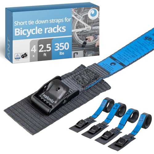 valonic ANT - Short Lashing Strap, Padded, 4 Pieces, 2.5 ft, 350lbs Breaking Strength, cam Buckle, Black - tie Down Straps for Bike Rack - size: 2.5 FT