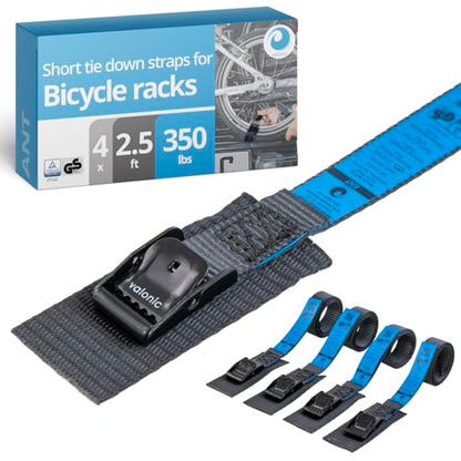 valonic ANT - Short Lashing Strap, Padded, 4 Pieces, 2.5 ft, 350lbs Breaking Strength, cam Buckle, Black - tie Down Straps for Bike Rack - size: 2.5 FT