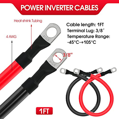 4 AWG Battery Cable 4AWG Gauge Pure Copper Battery Inverter Cables with 3/8 in Lugs Both Ends Power Inverter Wire Set for Automotive Solar Marine Boat RV Car Motorcycle Red and Black (1ft) - size: 1ft
