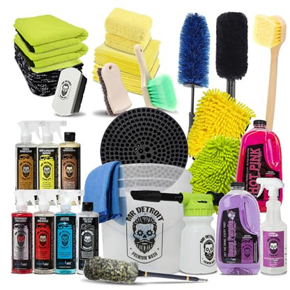 Mr. Detroit - 29pc Car Wash Kit with Foam Blaster, Soap, Bucket, Towels, Glove, Mitt, Sprayer Bottle, Degreaser, Brushes, Pads, Tire Shine, Wheel Cleaner, Exterior Interior Detailing for Vehicles
