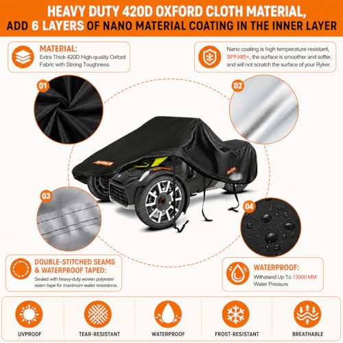 3 Wheel Motorcycle Cover for Can-Am Spyder RT Limited 2016-2026, 420D Reverse Trike Cover Water Resistant All Weather Outdoor with Lock Holes & Windproof Straps