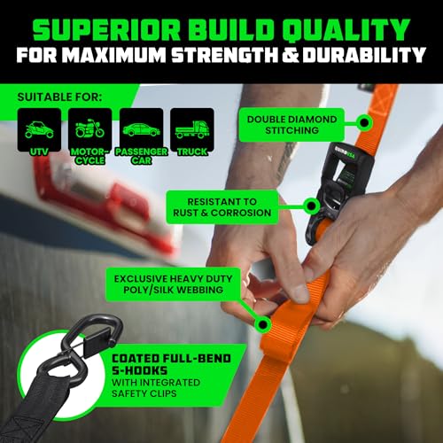 RHINO USA Ratchet Straps Tie Down Kit, 5,000 Break Strength - Includes Heavy Duty Rachet Tiedowns with Padded Handles & Coated Chromoly S Hooks + Soft Loop Tie-Downs - color: Orange, size: 8ft - 2 Pack