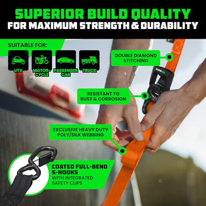 RHINO USA Ratchet Straps Tie Down Kit, 5,000 Break Strength - Includes Heavy Duty Rachet Tiedowns with Padded Handles & Coated Chromoly S Hooks + Soft Loop Tie-Downs - color: Orange, size: 8ft - 2 Pack