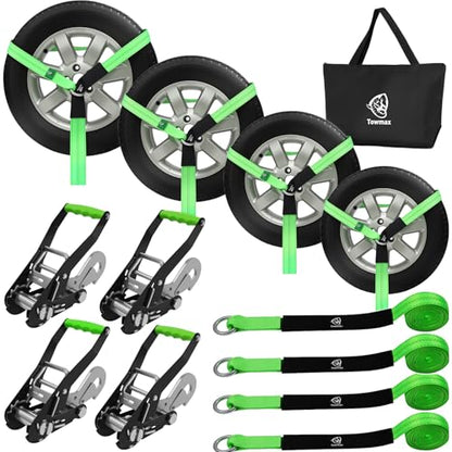 4 Pack Car Tie Down Straps for Trailers - 2" x 8' Heavy Duty Tire Straps with Snap Hooks - 10,000lbs Break Strength, Adjustable Lasso Style Wheel Straps for Hauling Cars, Truck, UTV(Green) - style: Snap Hooks