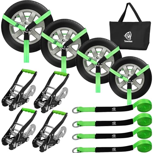 4 Pack Car Tie Down Straps for Trailers - 2" x 8' Heavy Duty Tire Straps with Snap Hooks - 10,000lbs Break Strength, Adjustable Lasso Style Wheel Straps for Hauling Cars, Truck, UTV(Green) - style: Snap Hooks