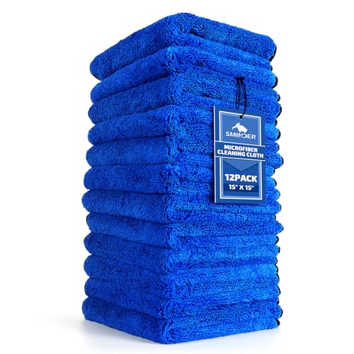 SMINDER 12-Pack Microfiber Cleaning Cloth, Car Drying Towels Car Detailing– XL Microfiber Towels for Cars, Trucks (15.7" x 15.7"), Ultra-Absorbent, Streak-Free, Scratch-Free, No Water Spots - color: Blue