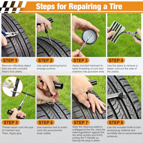 63PCS Flat Tire Repair Kit, Tubeless Tire Repair Kit, Tire Plug Kit Heavy Duty Professional, Emergency Tire Fix Tool for Car, Motorcycle, ATV, Tractor, RV, Truck