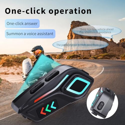 Bewinner Motorcycle Bluetooth Communication Headset, Wireless Motorcycle Earphone with Color Ambient Lights, Noise Cancellation Microphone, IP65