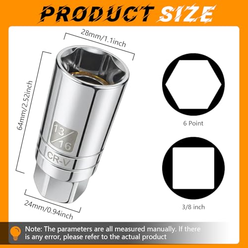 13/16'' Spark Plug Socket Set Thin Wall 12 Point 3/8" Drive Magnetic Spark Plug Removal Tool Compatible with Many European and Japanese Vehicles Universal Joint Swivel Socket (13/16inch 6-Point)