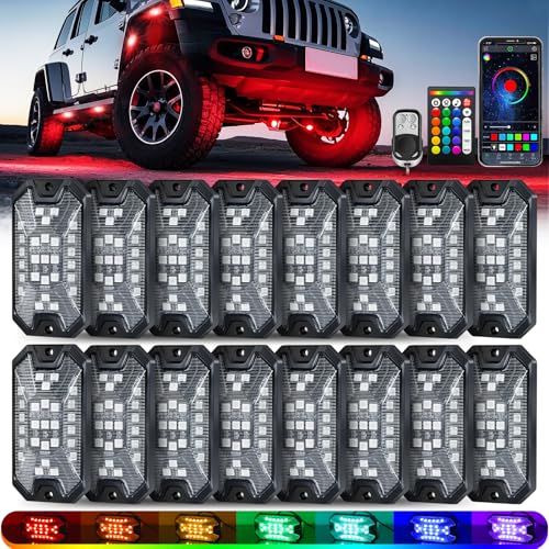 16Pods 5 Sides Full Angle RGB LED Rock Lights Kits High Brightness 27 Beads RGB 5050 IP68 Waterproof Underglow Multicolor Exterior Wheel Rock Lights for 12V Trucks Jeep Offroad Pickup UTV ATV RZR SUV - size: 16 Pods 5 Sides