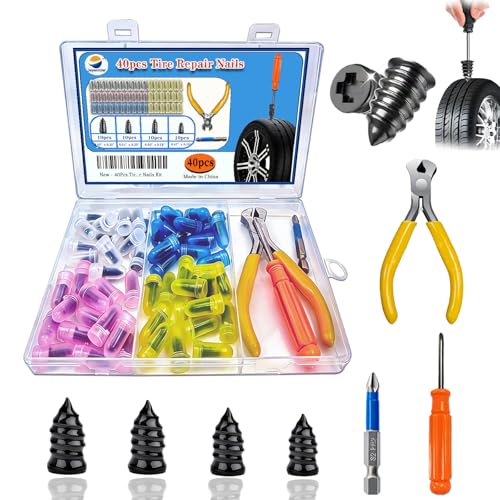 40Pcs Tire Repair Rubber Nails Kit with 4 Sizes, Screw in Tire Repair Plugs, Vacuum Tire Repair Rubber Nail, Tire Rubber Nails Tool, Fast Self-Service Tire Repair Tools for Car, Truck, Motorcycle