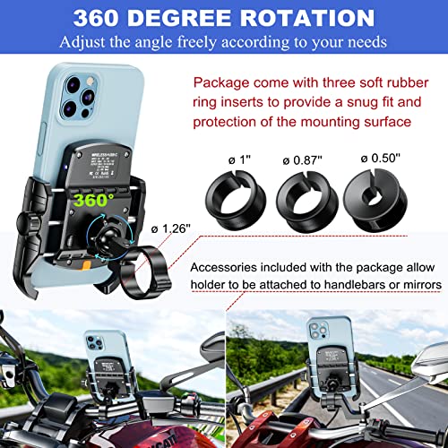 BRCOVAN Motorcycle Phone Mount Holder with Wireless & USB-C Charger | Qi 15W & PD 20W, Waterproof Cellphone Cradle with Aluminum Alloy Handlebar Mounting Base for 4'' - 8'' Smartphones