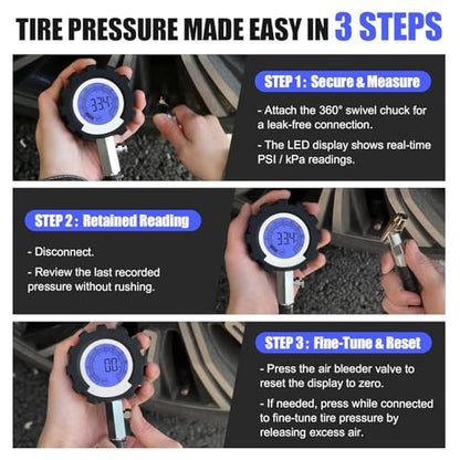 Digital Tire Pressure Gauge, 3-250 PSI Tire Gauges with Easy Read Extra-Large Backlit LED Screen for Car, Truck, Motorcycle, Bicycle Tire Pressure, Calibrated to ANSI B40.7 Grade 2A