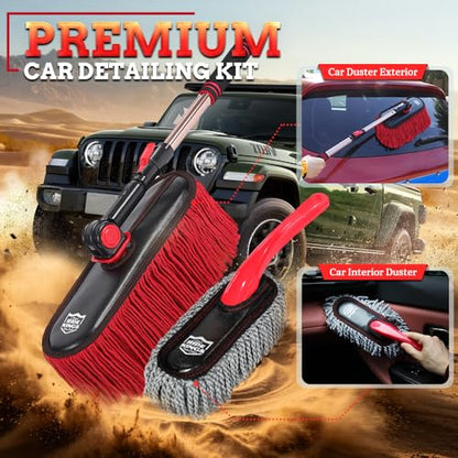 Car Duster Exterior Scratch Free & Interior Detailing Brush Set, Waxed Cotton Waterless Dust Remover, 360° Swivel Telescoping Handle, Multi-Purpose Cleaning Tool for Cars, RVs & Home - color: Light red