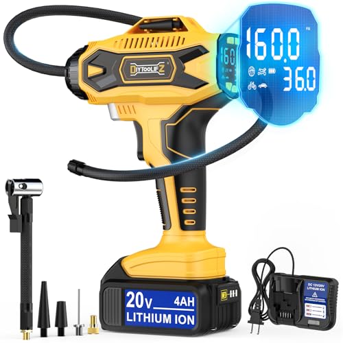 DIYtoolifz 2X Faster Cordless Tire Inflator Air Compressor 20V Rechargeable Battery Powered 160PSI Portable Air Pump with Digital Pressure Gauge, Auto Shutoff & LED Light for Cars SUV Motorcycles - color: Yellow- Compatible With Dewalt 20v(with 4ah Batter