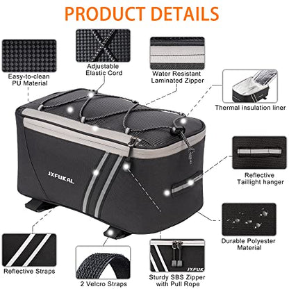 JXFUKAL Rear Bike Rack Bag with Rain Cover, 7L/9L/10L/12L Waterproof Bicycle Ebike Saddle Bag Cycling Pannier Trunk Carrier with Reflector & Adjustable Cord for Commuter Travel Outdoor - style: With Insulation Inner- 9l