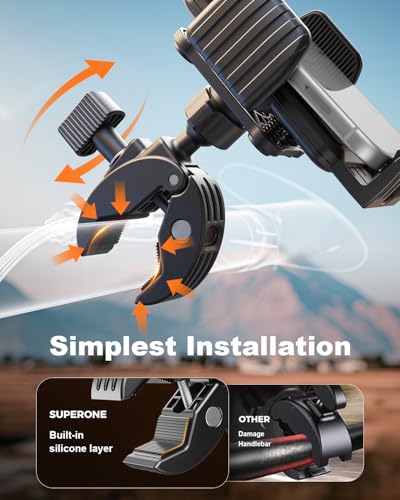 SUPERONE Motorcycle Phone Mount Holder, [Dual Vibration Dampener] Bike Phone Holder Handlebar Clamp, [Camera Friendly] Bicycle Scooter Phone Clip, Compatible with iPhone, Samsung, All Cell Phone - color: Black