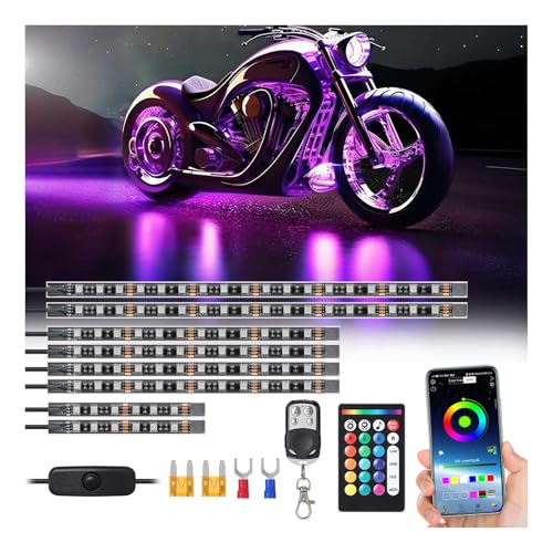 8 Piece RGB Motorcycle LED Underglow Kit with Brake Turn Signal, APP Control Music Sync, 24/4 Key Dual Remote, Waterproof Multicolor Motorcycle Strip Light for Harley Davidson Kawasaki ATV Golf Cart - color: 8 Piece-rgb+brake(NEW)