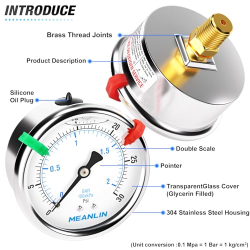 MEANLIN MEASURE 0~30Psi Liquid Filled Pressure Gauge 1/4" NPT 2.5" FACE DIAL Stainless Steel Glycerin Filled WOG Water Oil Air Back Mount (with 2PCS Snaps) - size: 0-30Psi