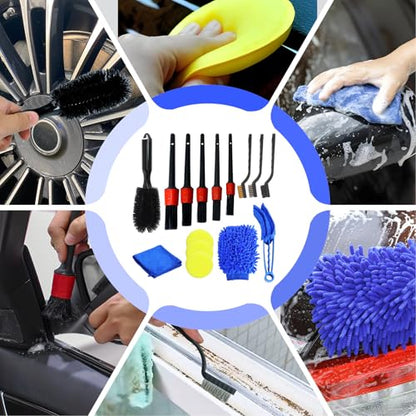 15 Pcs Car Cleaning Kit, Car Detailing Wash Brush Set, Auto Interior External Wash Cleaning Set for Car Motorcycle Bike Wheels, Engine, Emblems, Air Vents, Dashboard, Leather