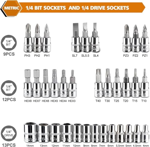 Egofine 46 Pieces 1/4 inch Drive Socket Ratchet Wrench Set, with Bit Socket Set Metric and Extension Bar for Auto Repairing and Household, with Orange Storage Case - style: 1/4" 46 PCS-Orange