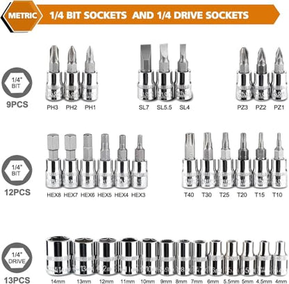 Egofine 46 Pieces 1/4 inch Drive Socket Ratchet Wrench Set, with Bit Socket Set Metric and Extension Bar for Auto Repairing and Household, with Blue Storage Case - style: 1/4" 46 PCS-Blue