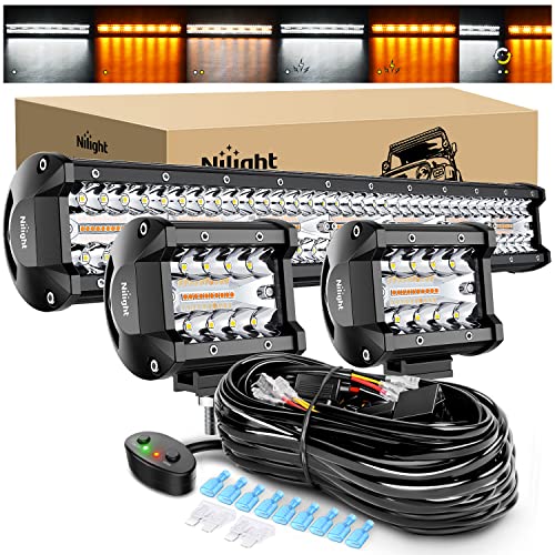 Nilight 20Inch 420W LED Light Bar 2PCS 4Inch 60W Light Pods Amber White Strobe 6 Modes Memory Function Reset Function Off Road Truck with 16AWG Wiring Harness Kit-3 Lead - color: Amber&White - 20Inch Light Bar + 2Pcs 4Inch Pods + Wiring Harness + 6 Modes