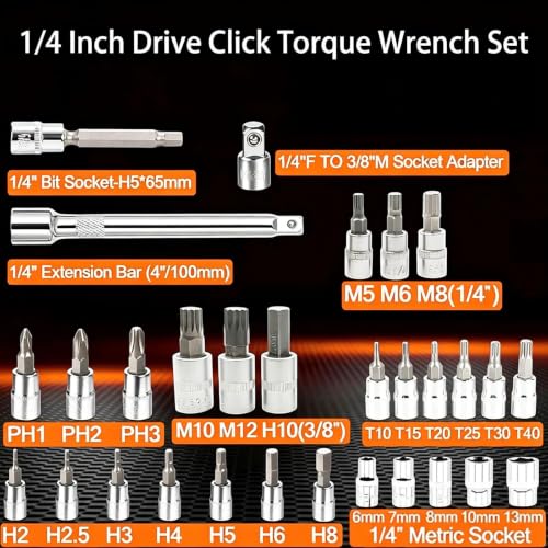 32-Piece 1/4" Drive Click Torque Wrench Set, 3.7-18.5 ft.lb (5-25 Nm), 72-Tooth, Dual-Direction, Includes Spark Plug Sockets & Torx Bits for Motorcycle, Car, ATV & Small Engine Repair