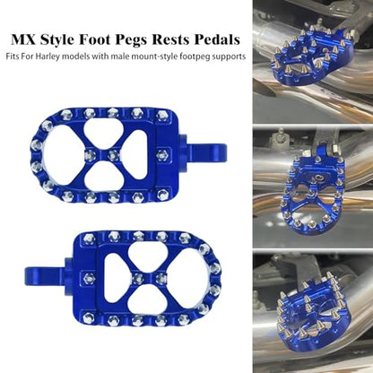 CNC MX Style Wide Foot Pegs with 360° Roating Compatible with Harley Dyna Softail Fatboy Sportster Iron 883 Chopper Bobber Models Blue - color: Blue with Cone Spikes