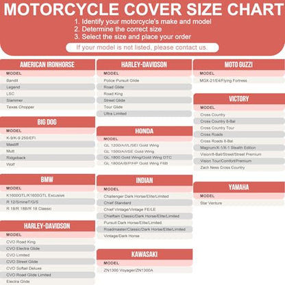 Motorcycle Cover Waterproof Outdoor,116" Heavy Duty 420D Oxford Cloth | Touring Bike Cover Fit for Honda,Yamaha,Harley,Tear-Resistant,Anti-UV,Windproof,3 Pairs Straps,Lock Holes,116"Lx43"Wx55"H
