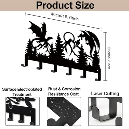 MAYJOYDIY Double Dragon Battle Metal Key Hook Mountain Forest Coat Rack Wall Mounted 15.7×9.8inch Art Wall Decor Key Holder Organizer Rack with 6 Hooks for Gift Coats Hats Towels Bags Hanging - style: Double Dragon Battle
