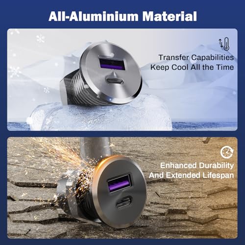 12V Aluminum USB Outlet Dual High-Speed Charging Ports, 30W PD3.0 Type-C+18W QC3.0 Fast Charging Socket, Recessed Mount Charger Replacement for Camper Van Trailer Truck Car Boat RV