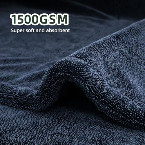 2-Pack 24" x 36" 11.8" x 11.8" Twisted-Loop Car Drying Towel 1500GSM Microfiber Cleaning Cloth for Car Trucks Motorcycles Streak Free Lint Free Ultra Absorbent Washing Cloth for Kitchen Window (Blue)