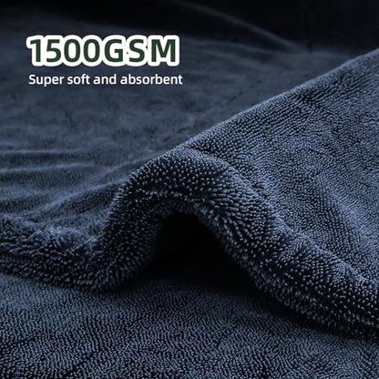 2-Pack 24" x 36" 11.8" x 11.8" Twisted-Loop Car Drying Towel 1500GSM Microfiber Cleaning Cloth for Car Trucks Motorcycles Streak Free Lint Free Ultra Absorbent Washing Cloth for Kitchen Window (Blue)