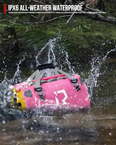 IRON JIA'S Motorcycle Dry Bag - Waterproof Duffle & Luggage Tail Bag Saddle Bags with Roll Top Closure, Shoulder Straps, Inner Pocket and Mesh Pocket (Pink, 50L) - color: Pink, size: 50L