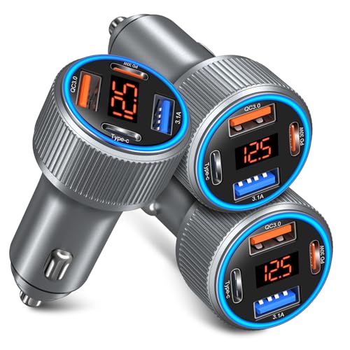 USB C Car Charger, 3 Pack 65W 12V Car Charger Adapter Multi Port QC 3.0+PD 30W Super Fast Cigarette Lighter Adapter Plug with Voltage Meter for iPhone 16/15/14/13/12/11 Pro Max,Samsung,Android(Gray) - color: Gray, size: 3-Pack
