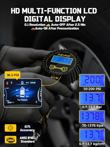 AZUNO Digital Tire Inflator with Pressure Gauge, 200 PSI Heavy Duty Air Compressor Accessories, with 14'' Steel-Braided Hose Lock on Air Chuck and Quick Connect Coupler