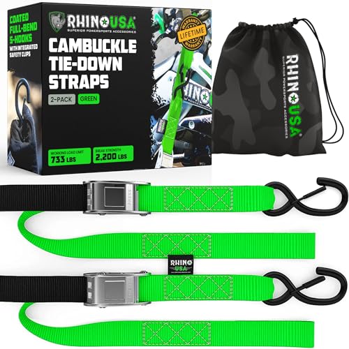 Rhino USA Motorcycle Tie Down Straps (2 Pack) Lab Inspected 2,200lb Break Strength, Steel Cambuckle Tiedown Set with Integrated Soft Loops - Better Than a Ratchet Strap (Green 2-Pack) - color: Green 2-Pack