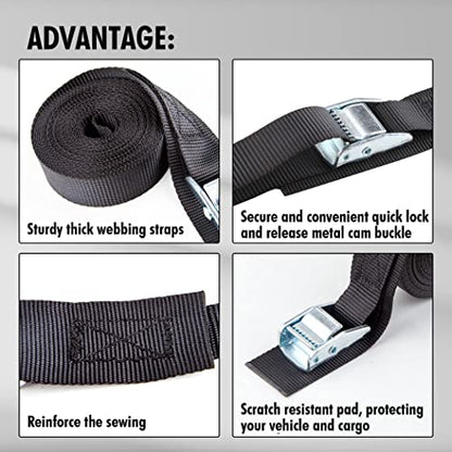 Cartman 1" x 15'Lashing Straps with Adjustable Cam Buckle Cargo Tie Down with Protective Pad, 8 Pack, Black - color: Black, size: 8 PK