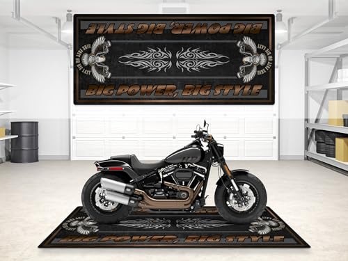 Parking Mat Big Power, Big Style Design for Chopper and Custom Motorcycles, Display, Pit Mat, Washable Non-Slip Garage, Showroom Rug (Vivid Black, Size 2: 102 x 47/260 x 120 cm) - color: Vivid Black