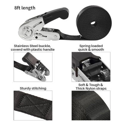 Ayaport Endless Ratchet Tie Down Straps Heavy Duty Cargo Tie Downs, 8FT Stainless Sturdy Nylon Black Strap Down Ratcheting Securing Straps, Tie-Down Motorcycles, Trailer Loads, Kayak (4pcs) - size: 1"x8'-4pcs-Stainless