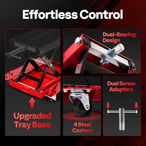 VIVOHOME 1100 Lbs Motorcycle Lift Jack, Steel Wide Deck ATV Scissor Lift with Dolly Wheels & Hand Crank, Bike Garage Repair Hoist Stand for Maintenance, Red - color: Red + Black