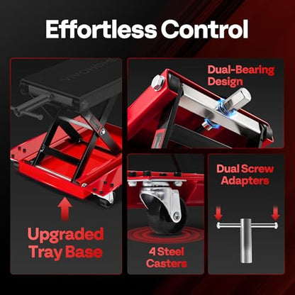 VIVOHOME 1100 Lbs Motorcycle Lift Jack, Steel Wide Deck ATV Scissor Lift with Dolly Wheels & Hand Crank, Bike Garage Repair Hoist Stand for Maintenance, Red - color: Red + Black