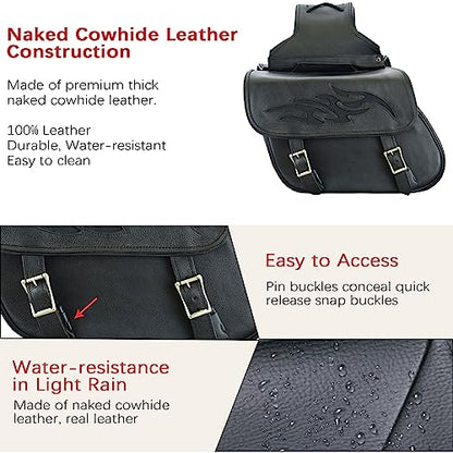 Dream Apparel Naked Cowhide Leather Motorcycle Saddle Bags Throw Over Saddlebags, Motorcycle Side Bags for Honda Shadow Sportster Softail Dyna V-star (Black, No Studs)