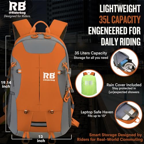 riderbag Reflective Motorcycle Backpack, Hi Viz Commuter Riding Bag | Designed by Riders for Everyday Rides with Laptop Compartment and Helmet Net. Built to Help You Be Seen. - color: Orange